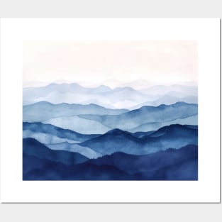 Blue Misty Mountains Watercolor Indigo Posters and Art